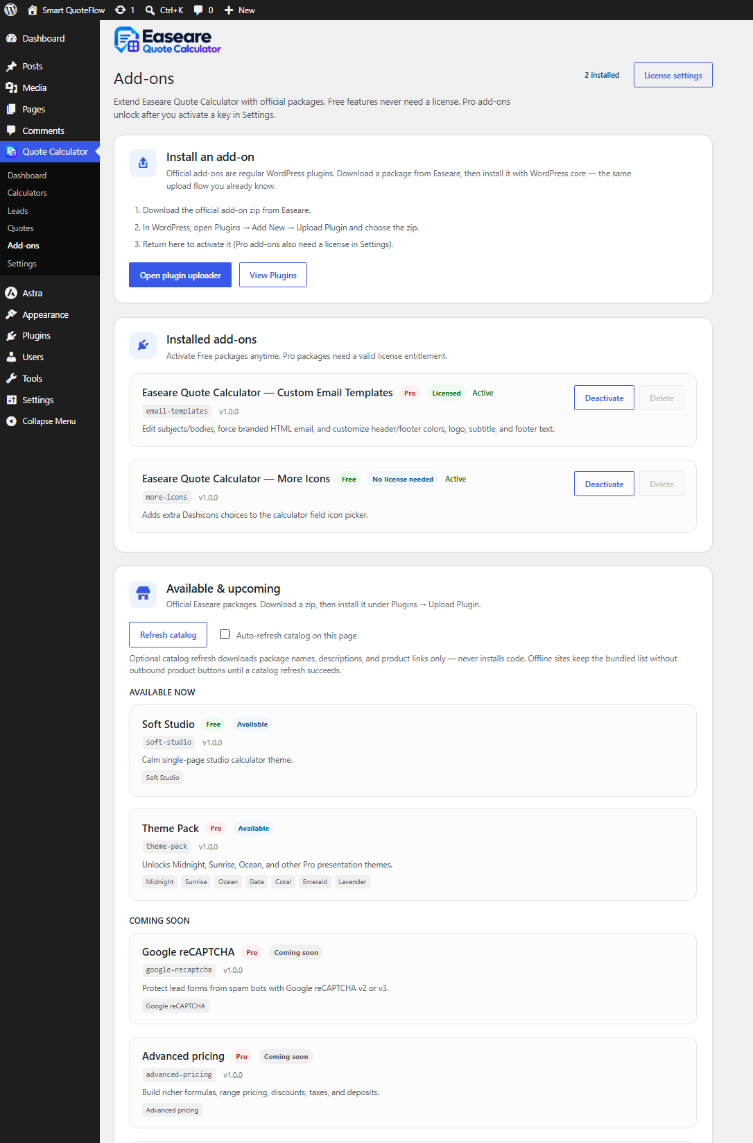 Add-ons screen with packages and catalog