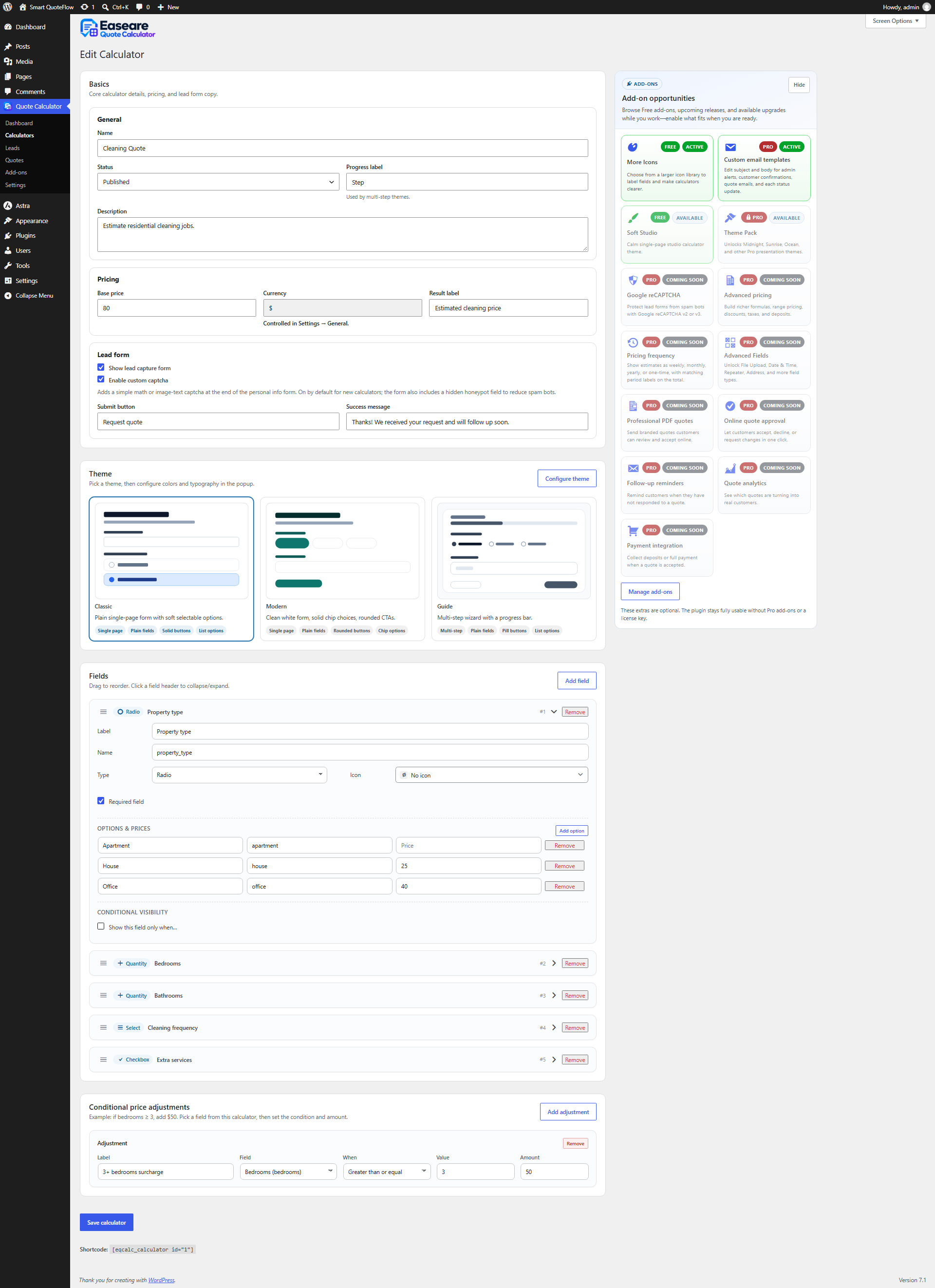 Calculator builder with fields, themes, and lead form settings