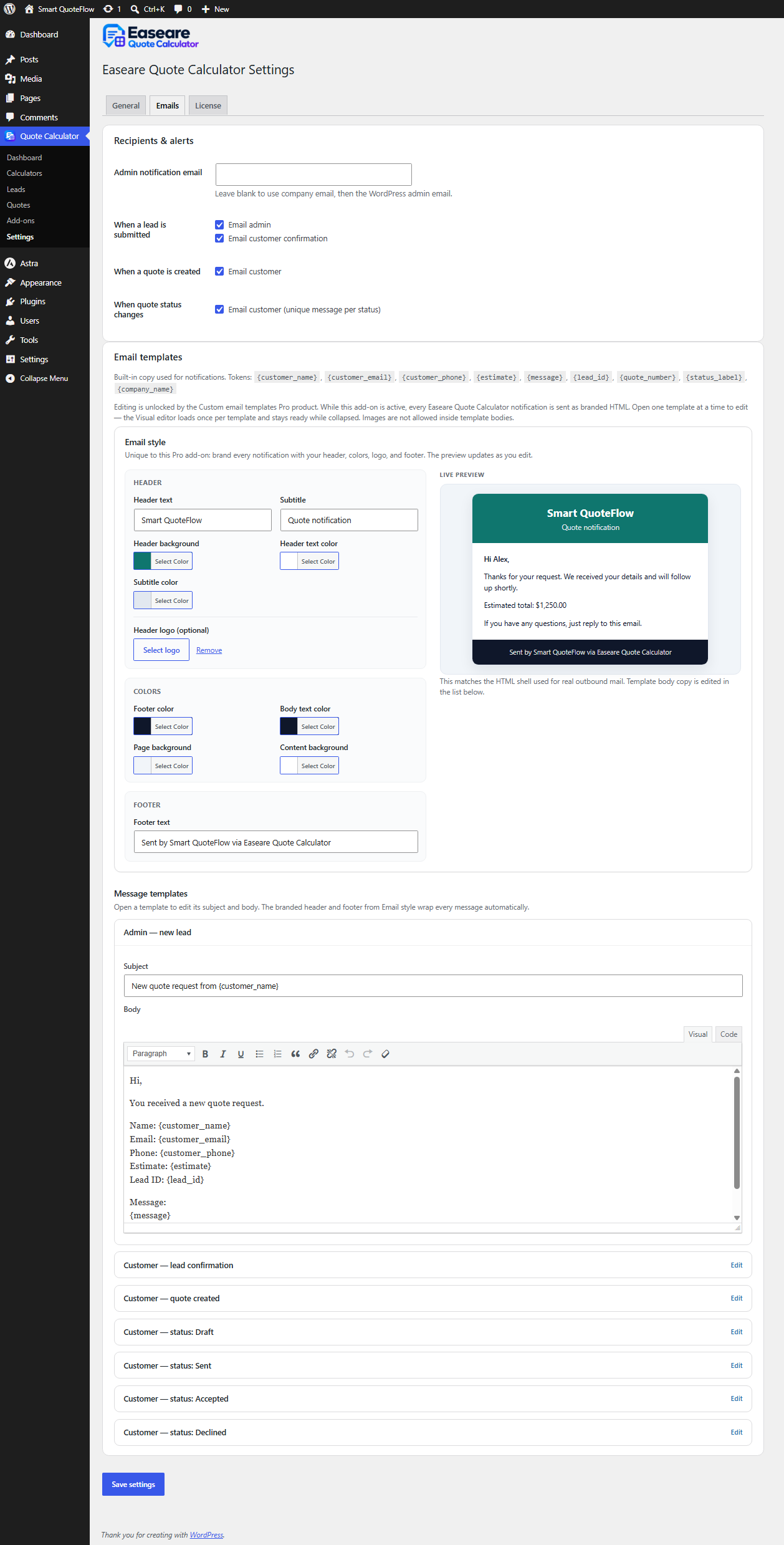 Email settings with premium add-on