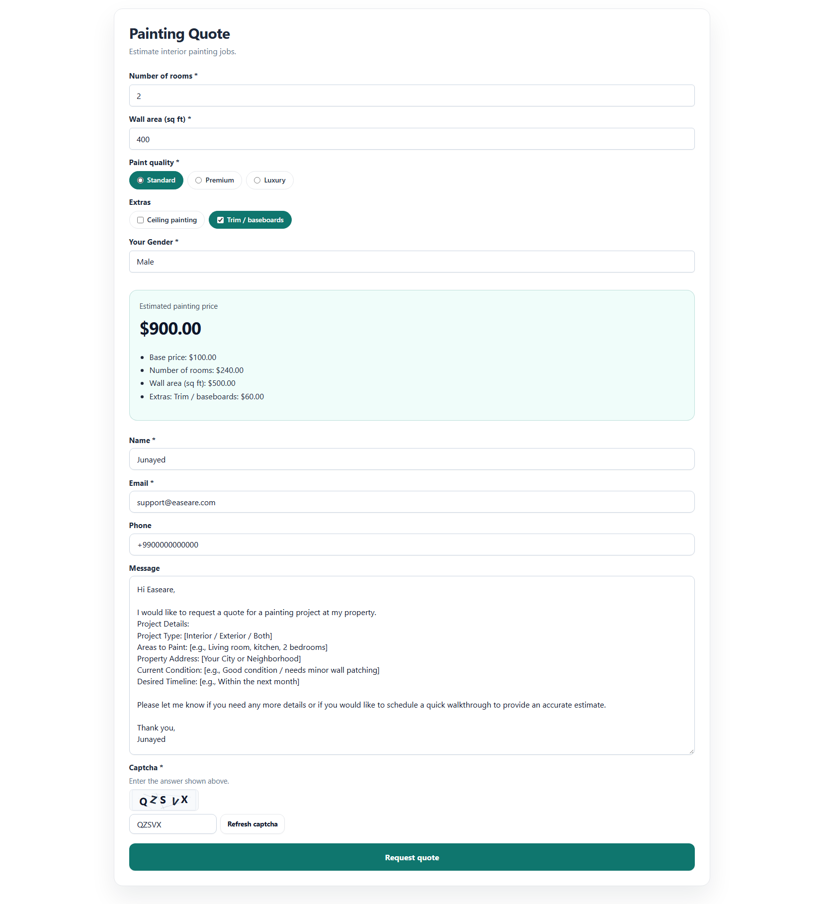 Frontend quote calculator with estimated price and request form