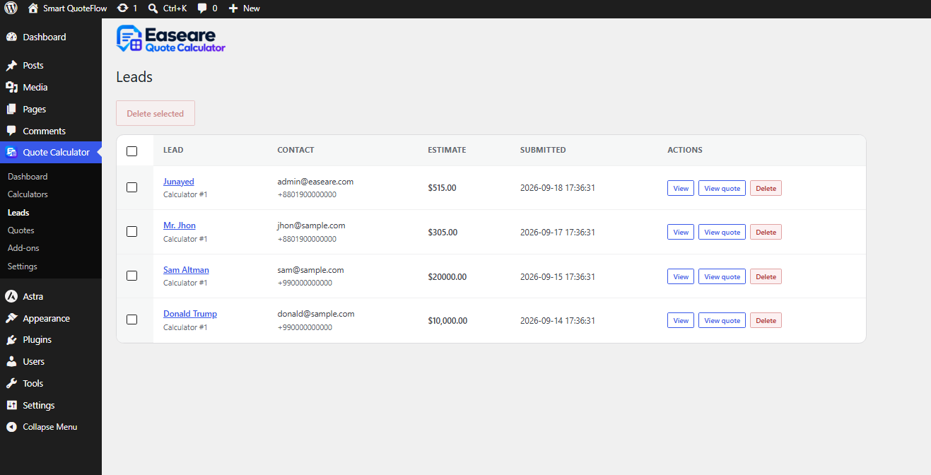 Leads list in the WordPress admin