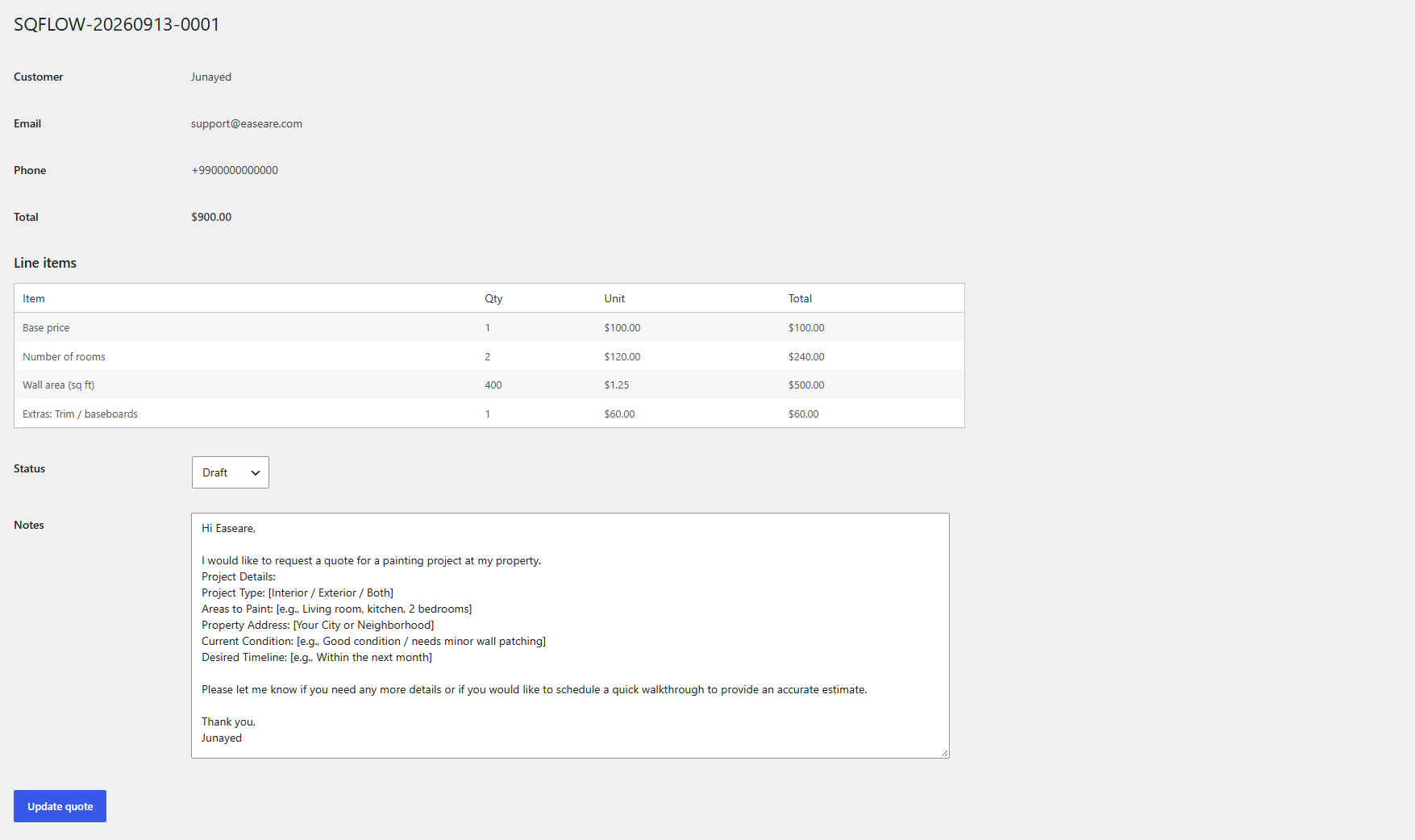 Quote detail with status and line items