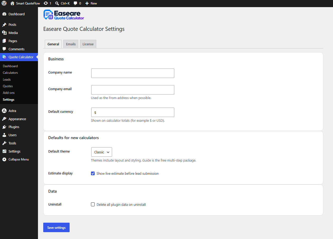 Settings and optional license tab